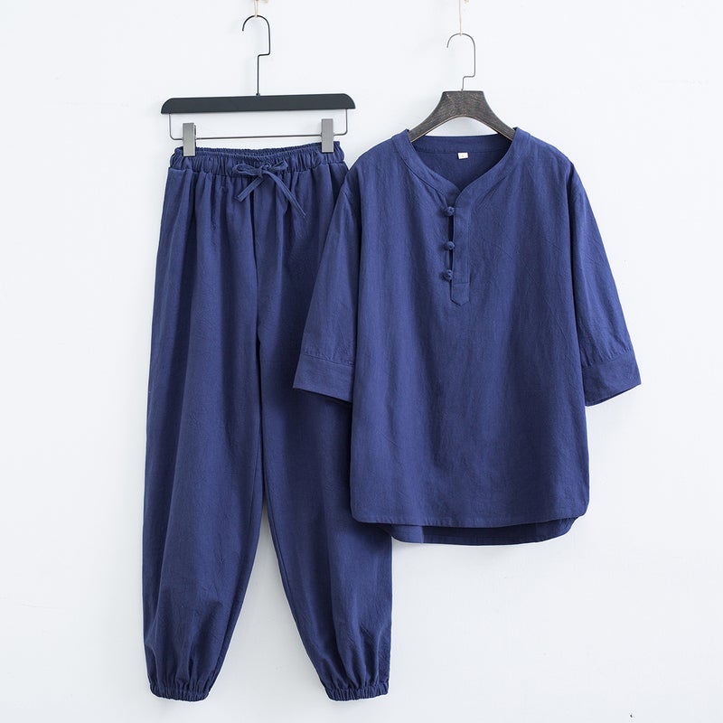 Summer Chinese Style Zen Clothing Tea Clothing Linen Shirt Suit Chinese Tang Suit Hanfu Cotton And Linen Taoist Clothing Two-Piece Set - Image 1